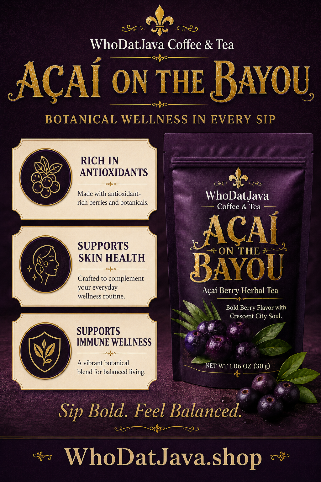 Acai on the Bayou Acai Berry Herbal Tea prepared in a cup