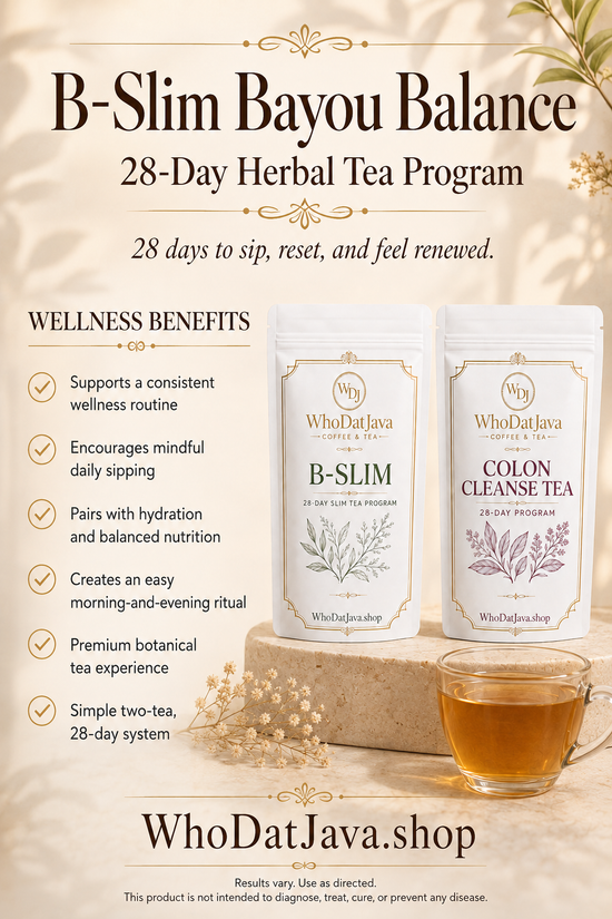 B-Slim Bayou Balance 28-Day Tea Program prepared in a cup