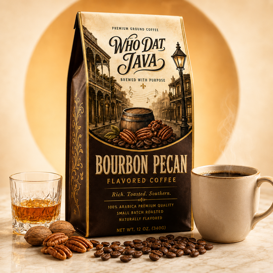 Bourbon Pecan Flavored Coffee packaging, flavored coffee
