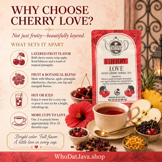 Cherry Love Sweet Cherry Herbal Tea prepared in a cup