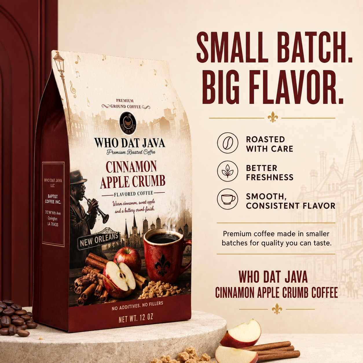 Cinnamon Apple Crumb Flavored Coffee prepared in a cup