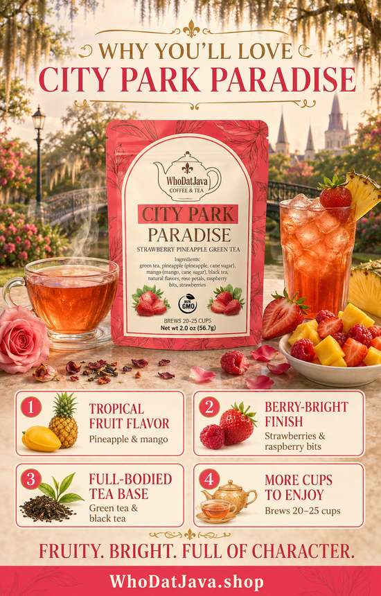 City Park Paradise Strawberry Pineapple Green Tea prepared in a cup