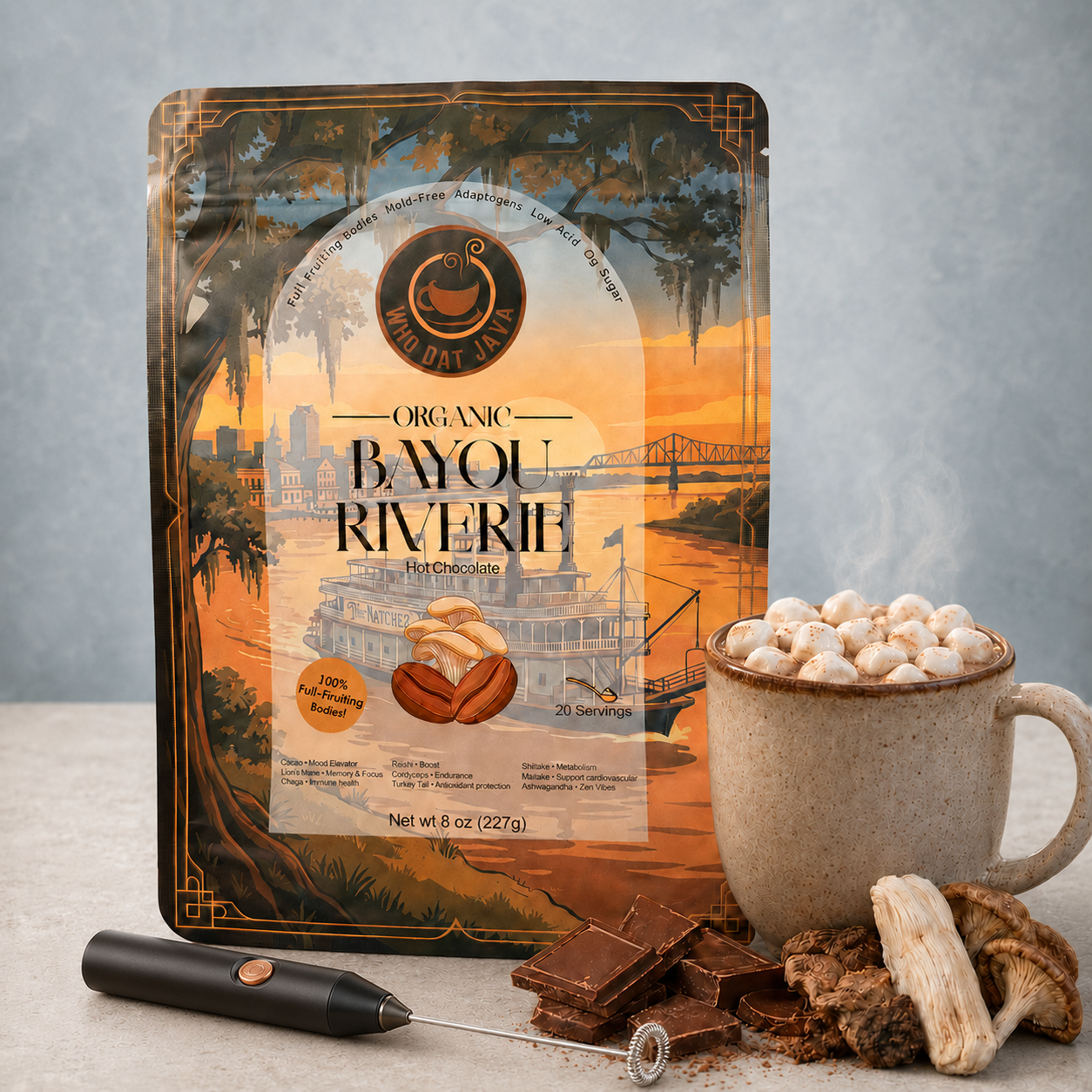 Bayou Riverie Mushroom Hot Chocolate packaging, mushroom hot chocolate