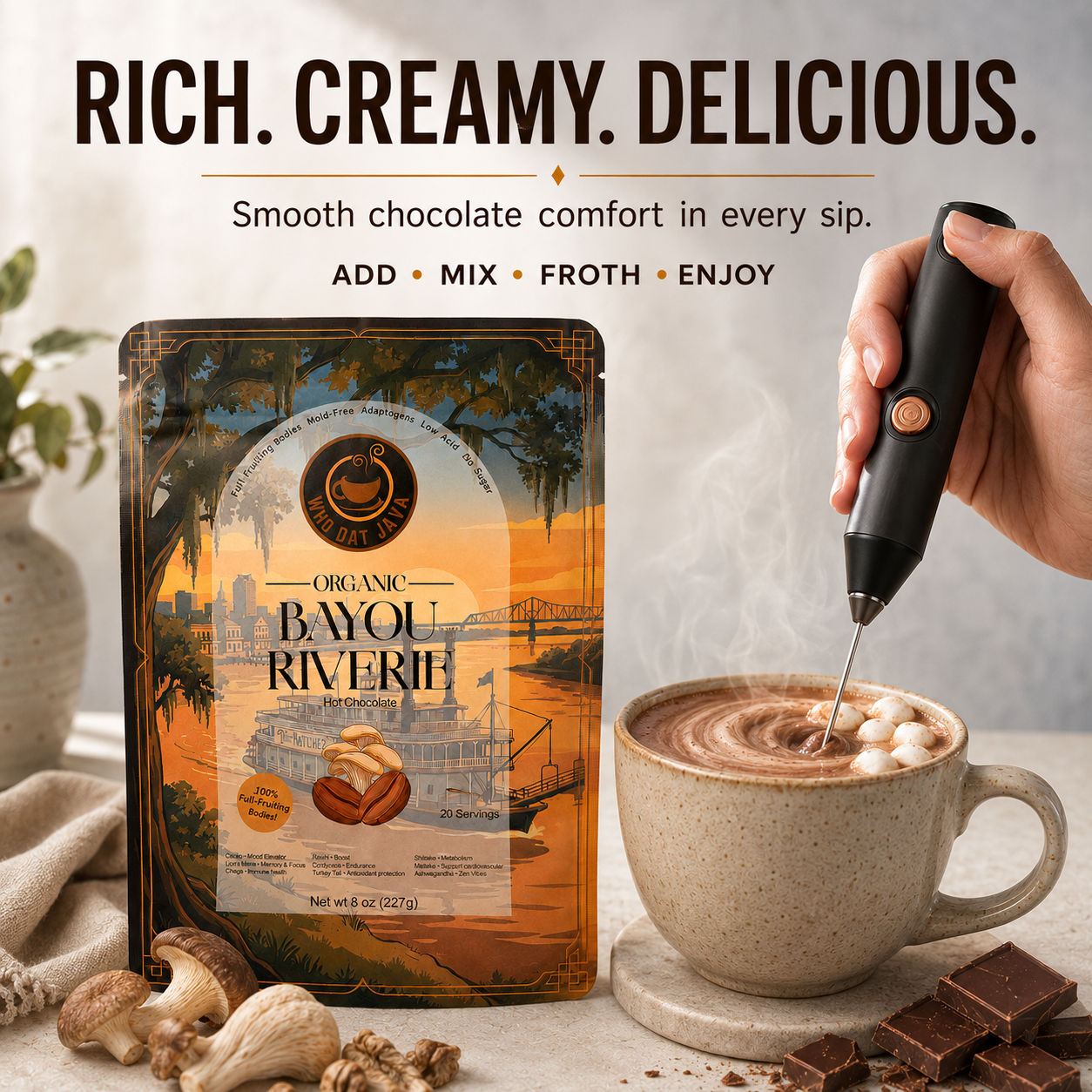 Bayou Riverie Mushroom Hot Chocolate prepared in a cup