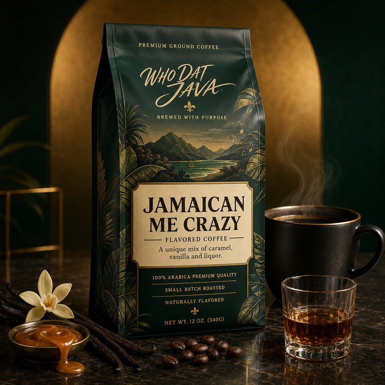 Jamaican Me Crazy Flavored Coffee packaging, flavored coffee