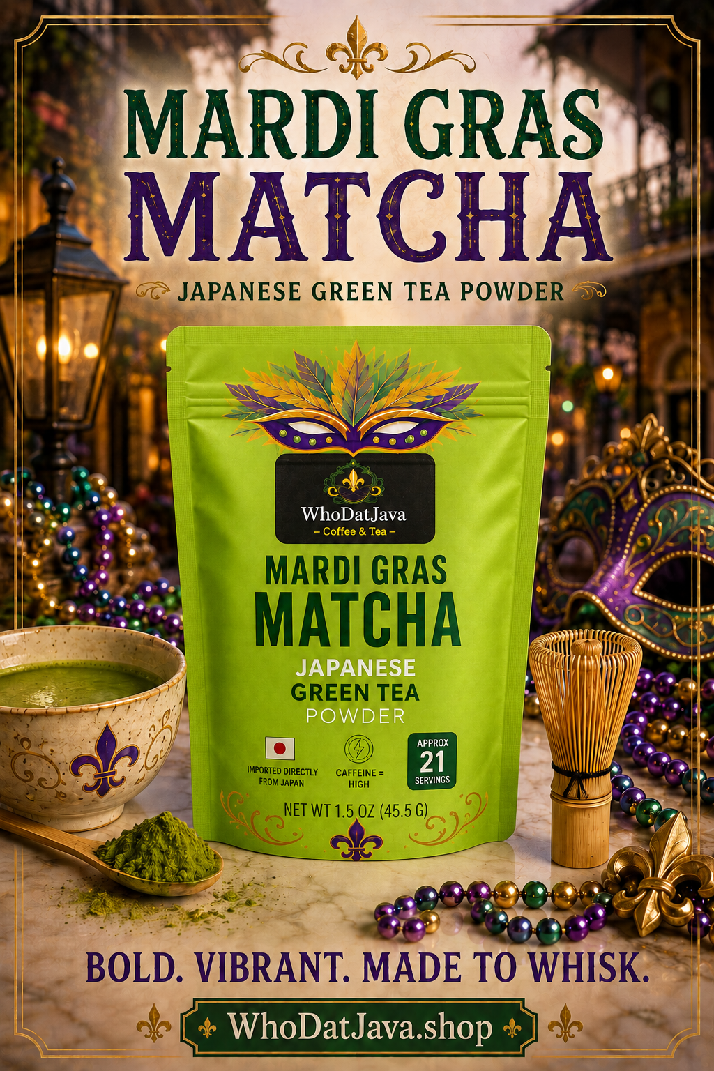Mardi Gras Matcha Japanese Green Tea Powder packaging, matcha green tea powder