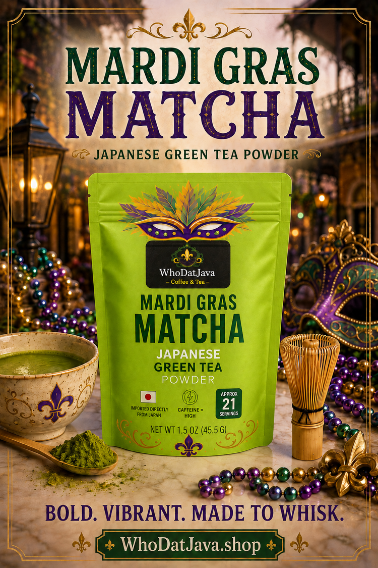 Mardi Gras Matcha Japanese Green Tea Powder packaging, matcha green tea powder