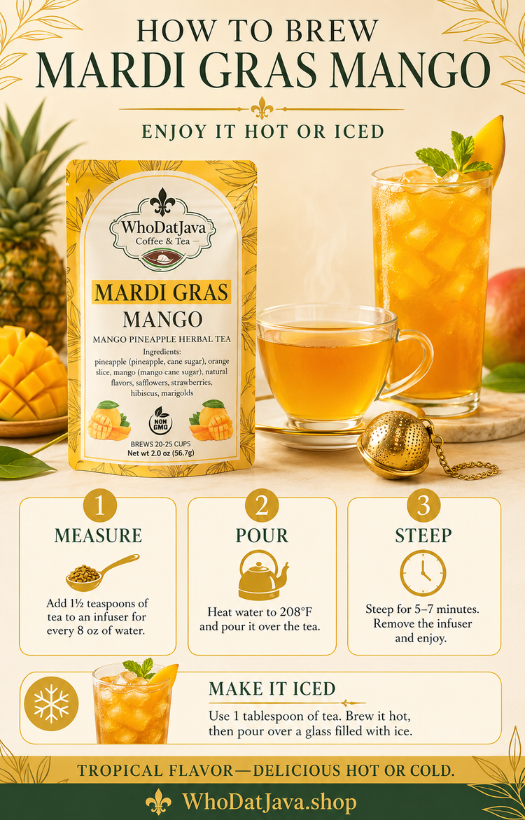Mardi Gras Mango Pineapple Herbal Tea packaging, herbal tea