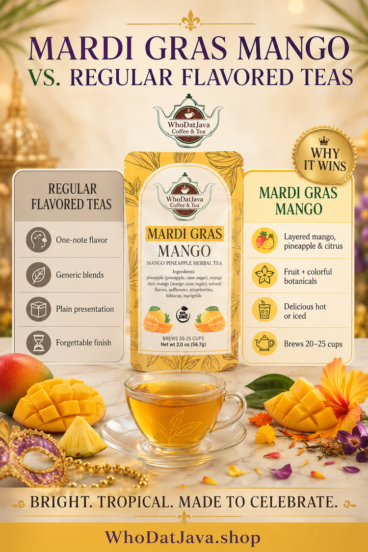 Mardi Gras Mango Pineapple Herbal Tea prepared in a cup