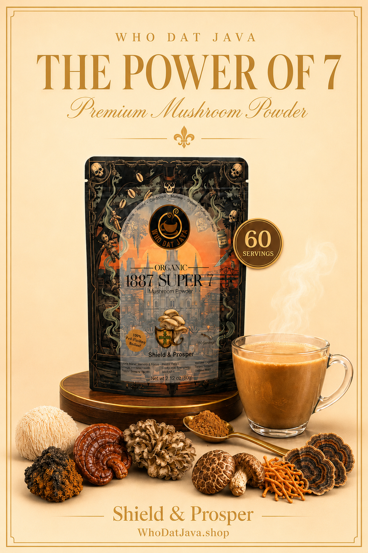 1887 Super 7 Organic Mushroom Powder packaging, mushroom powder
