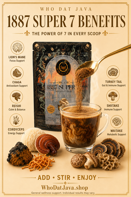 1887 Super 7 Organic Mushroom Powder prepared in a cup