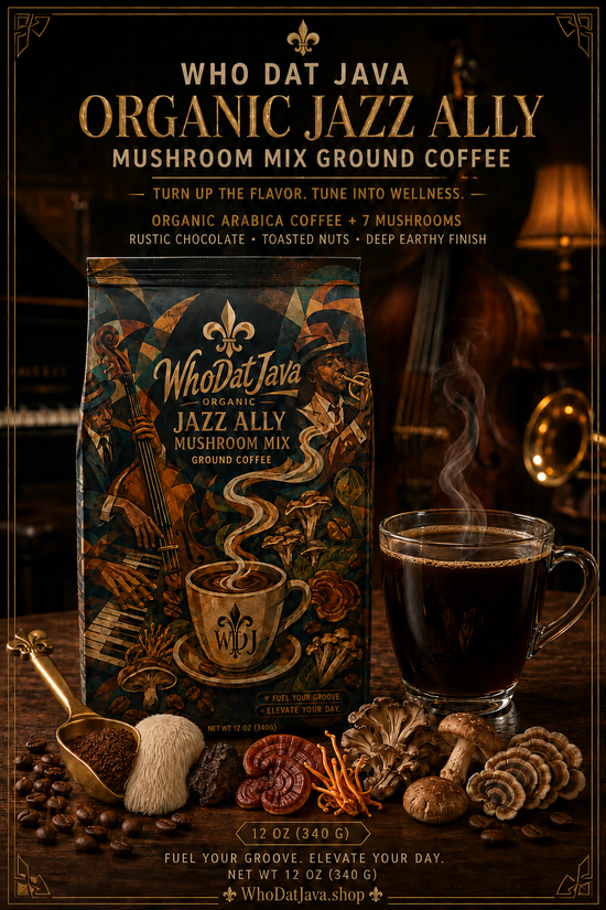 Jazz Ally Mushroom Mix Ground Coffee packaging, mushroom coffee
