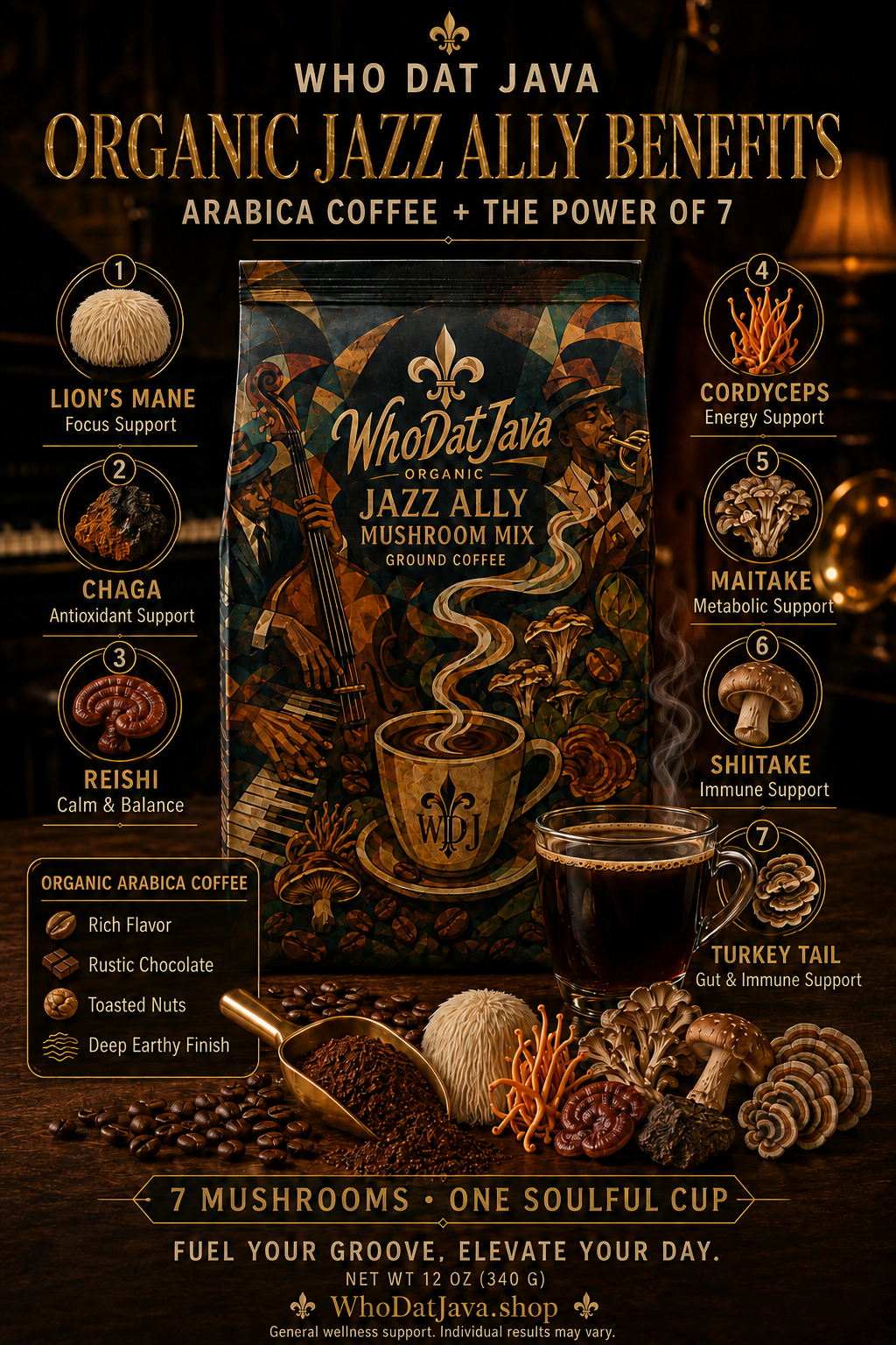 Jazz Ally Mushroom Mix Ground Coffee prepared in a cup