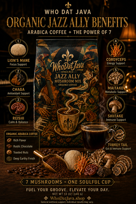 Jazz Ally Mushroom Mix Ground Coffee prepared in a cup