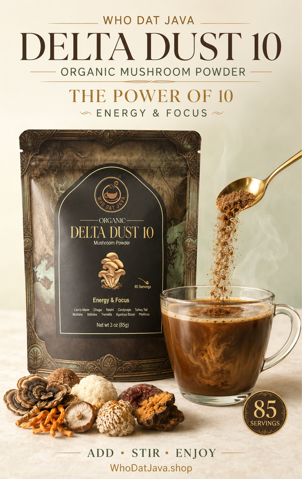 Delta Dust 10 Organic Mushroom Powder packaging, mushroom powder