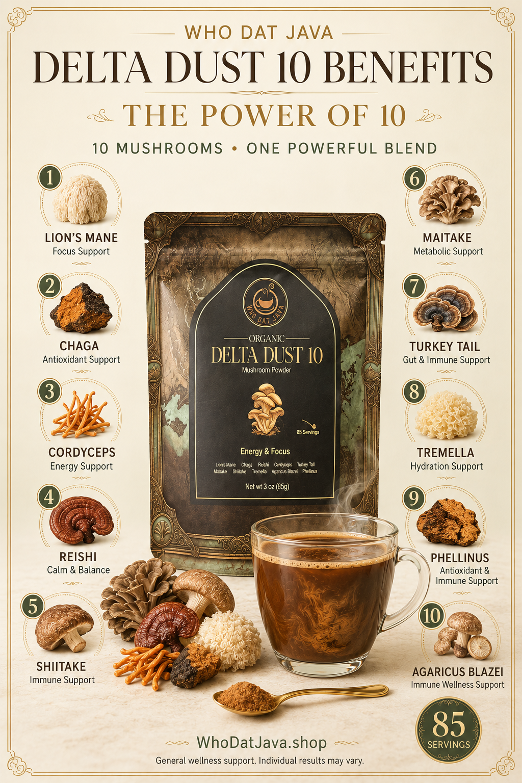 Delta Dust 10 Organic Mushroom Powder prepared in a cup