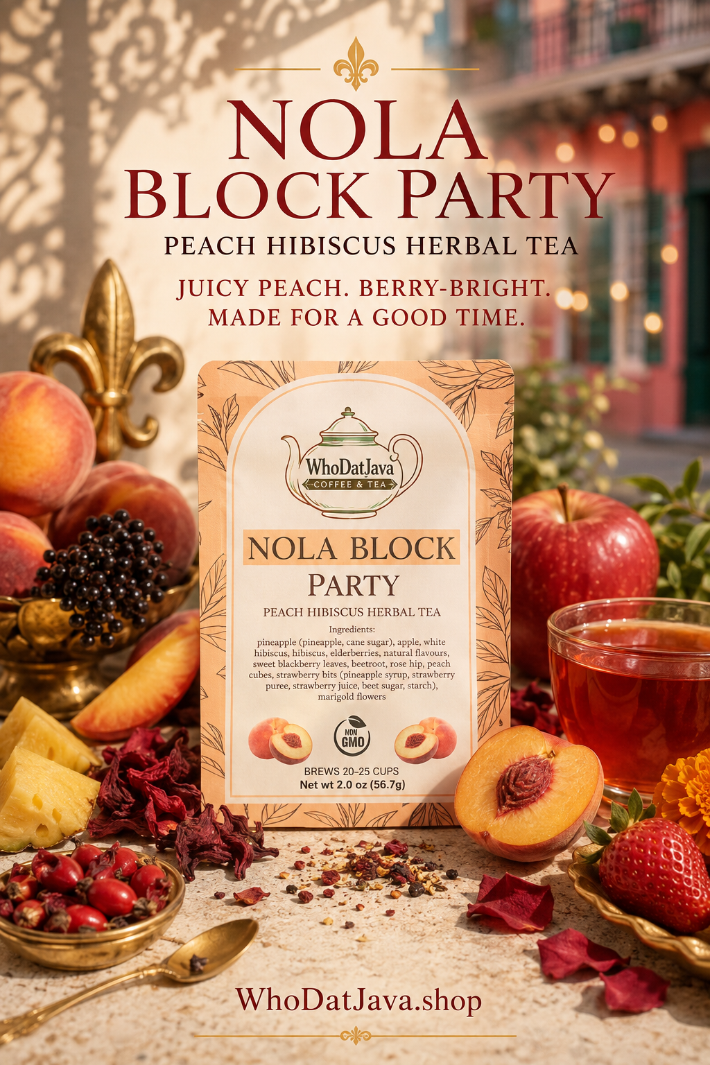 Nola Block Party Peach Hibiscus Herbal Tea packaging, herbal tea