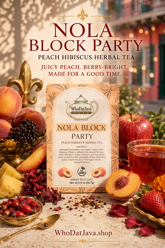 Nola Block Party Peach Hibiscus Herbal Tea packaging, herbal tea
