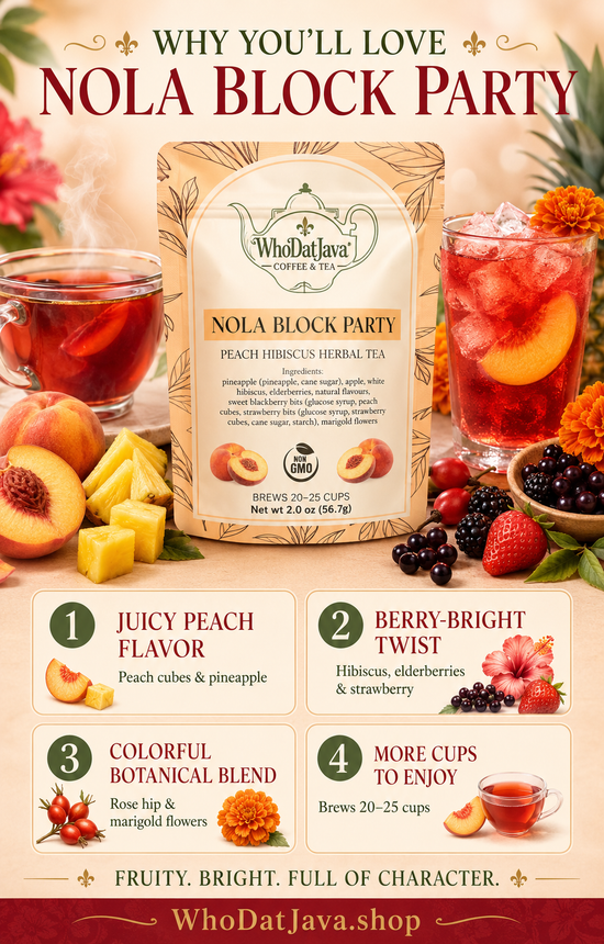 Nola Block Party Peach Hibiscus Herbal Tea prepared in a cup