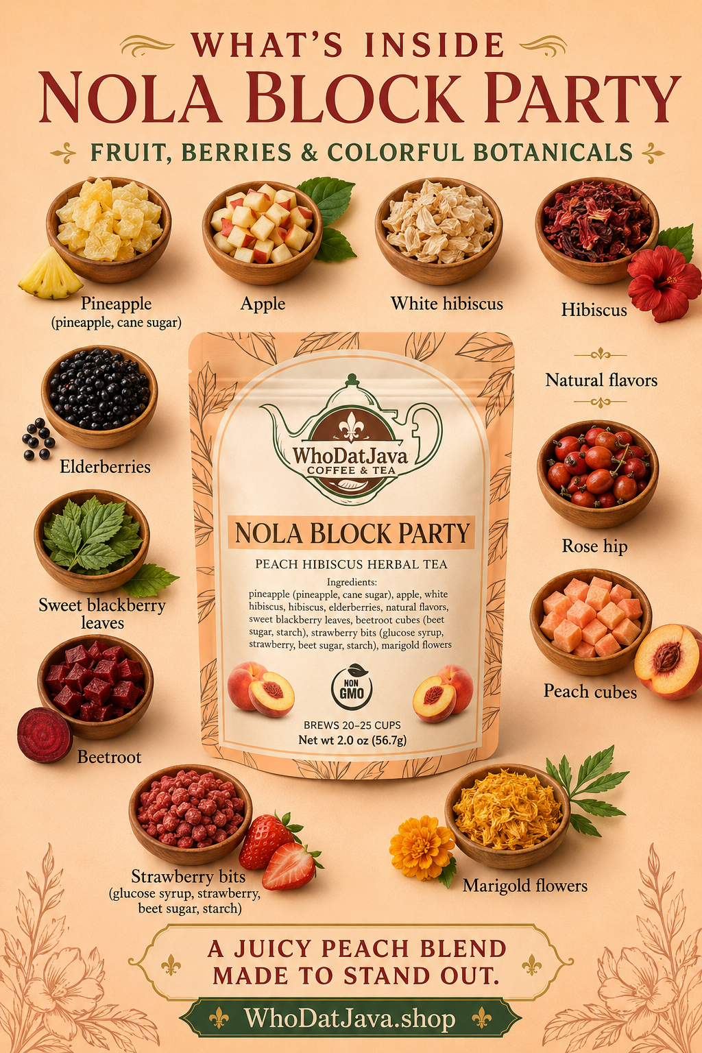 Nola Block Party Peach Hibiscus Herbal Tea detail 2