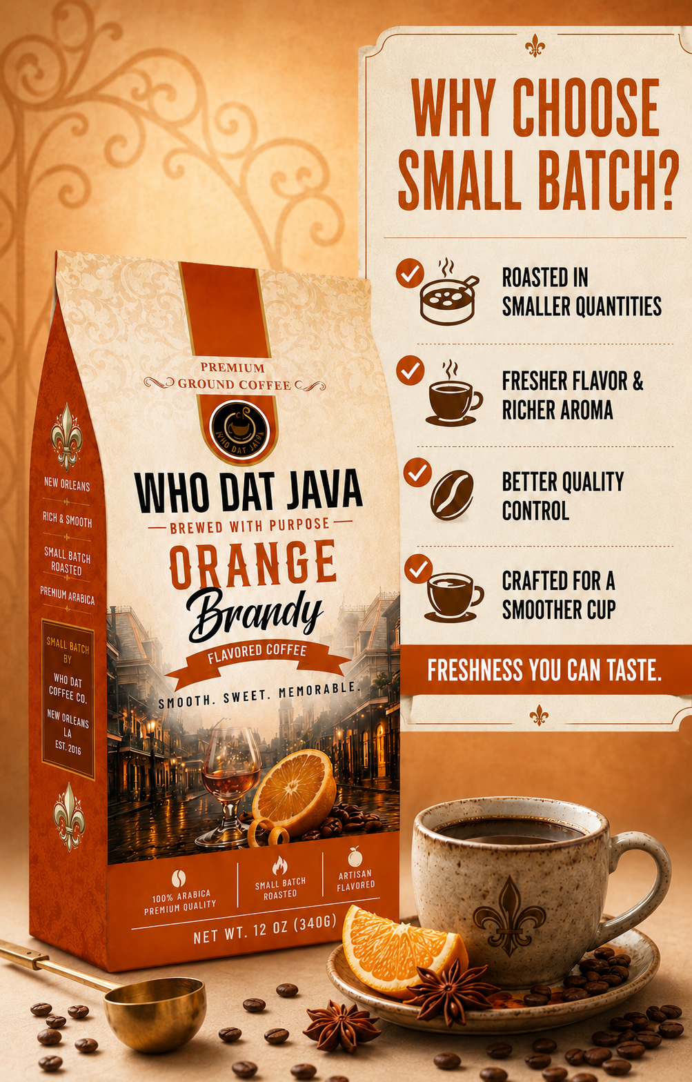 Orange Brandy Flavored Coffee prepared in a cup