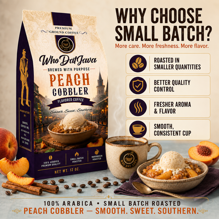 Peach Cobbler Flavored Coffee prepared in a cup