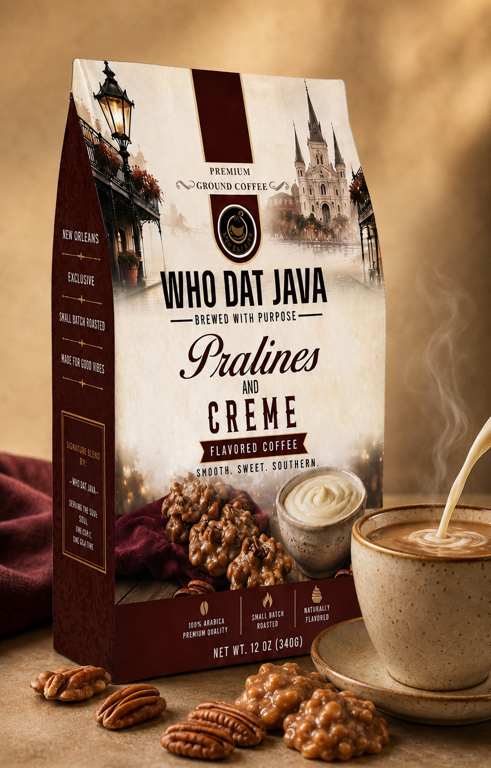 Pralines and Crème Flavored Coffee packaging, flavored coffee