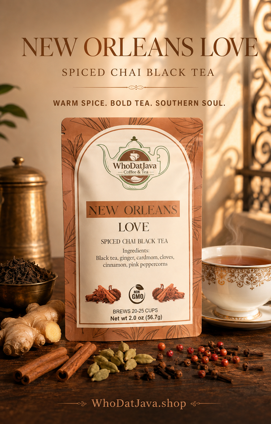 New Orleans Love Spiced Chai Black Tea packaging, herbal tea