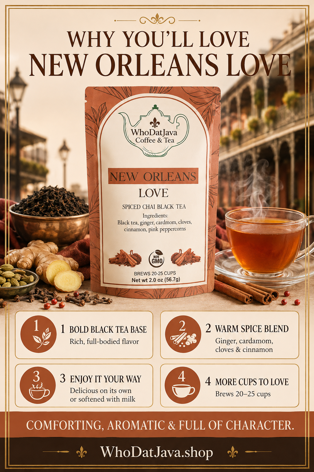 New Orleans Love Spiced Chai Black Tea prepared in a cup