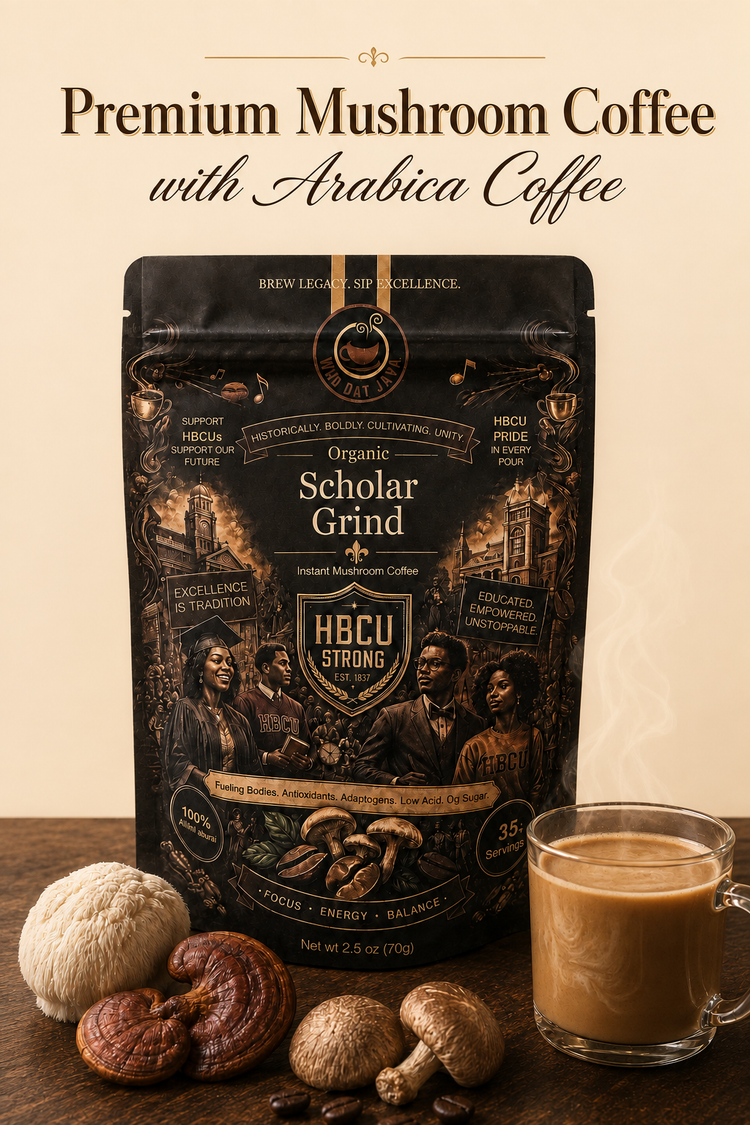 Scholar Grind Instant Mushroom Coffee packaging, mushroom coffee