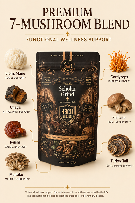 Scholar Grind Instant Mushroom Coffee prepared in a cup