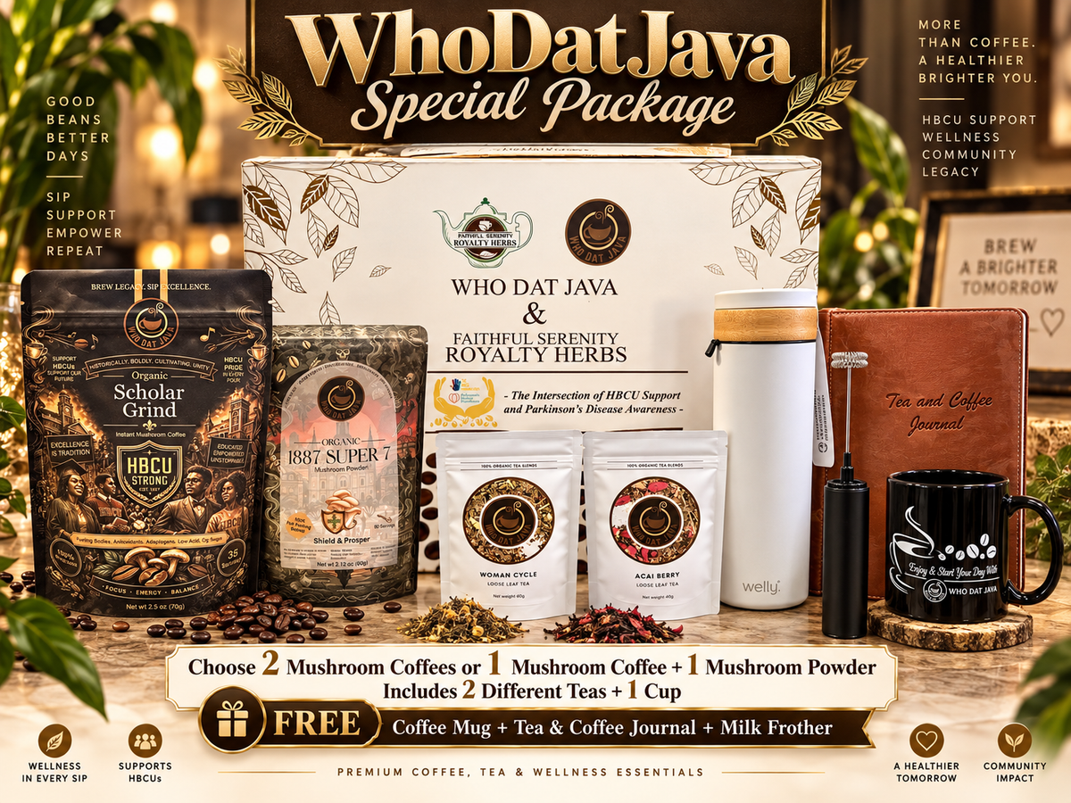 Who Dat Java subscription box with mushroom coffee, mushroom powder, loose leaf teas, tumbler, mug, journal and milk frother