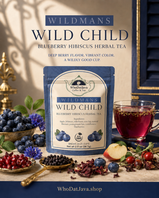 Wildmans Wild Child Blueberry Hibiscus Herbal Tea packaging, herbal tea