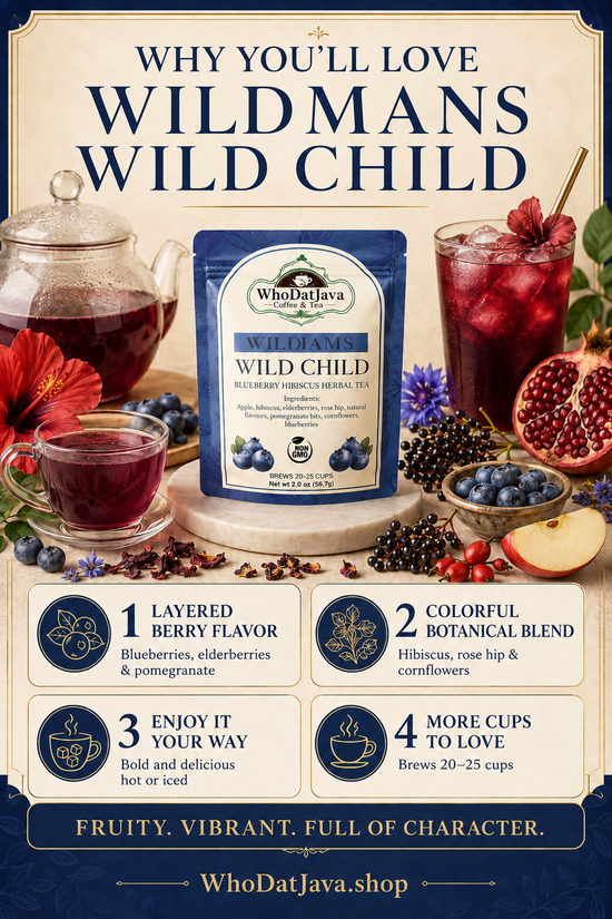 Wildmans Wild Child Blueberry Hibiscus Herbal Tea prepared in a cup