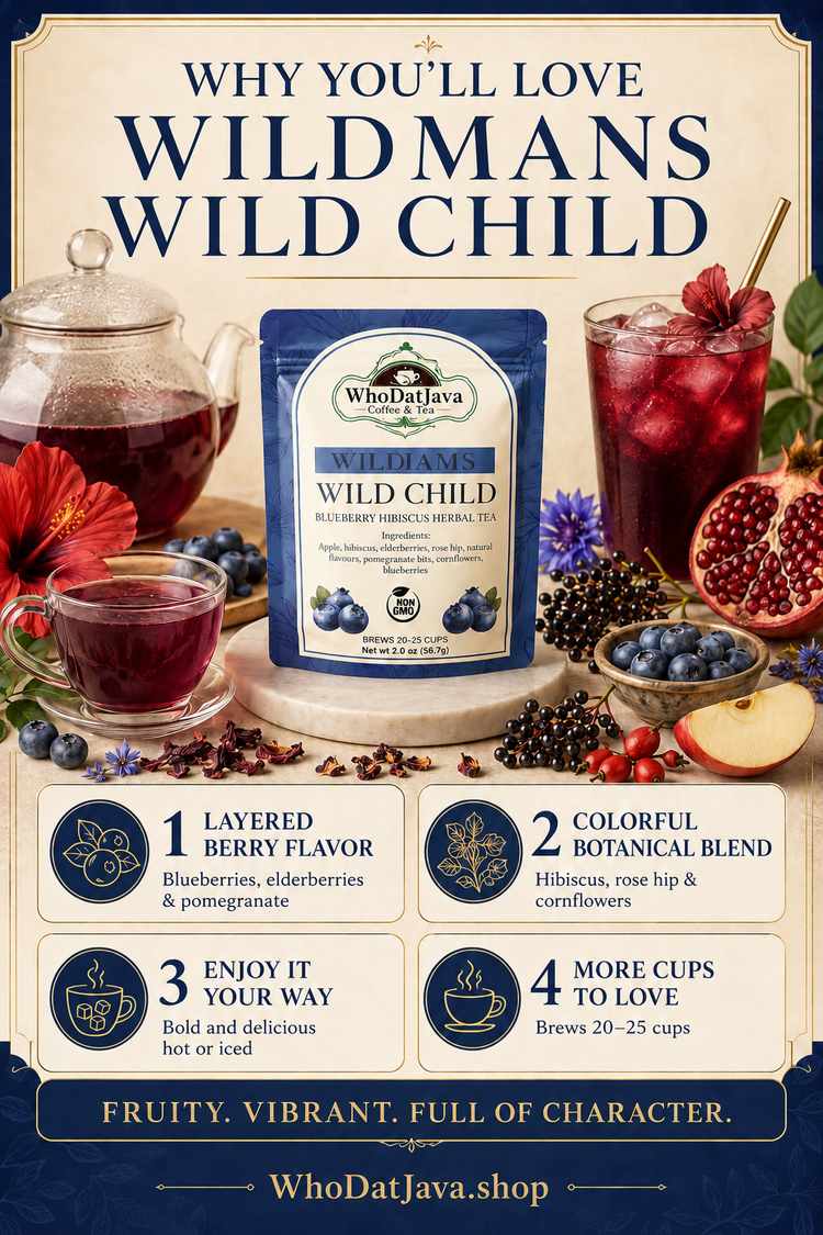 Wildmans Wild Child Blueberry Hibiscus Herbal Tea prepared in a cup